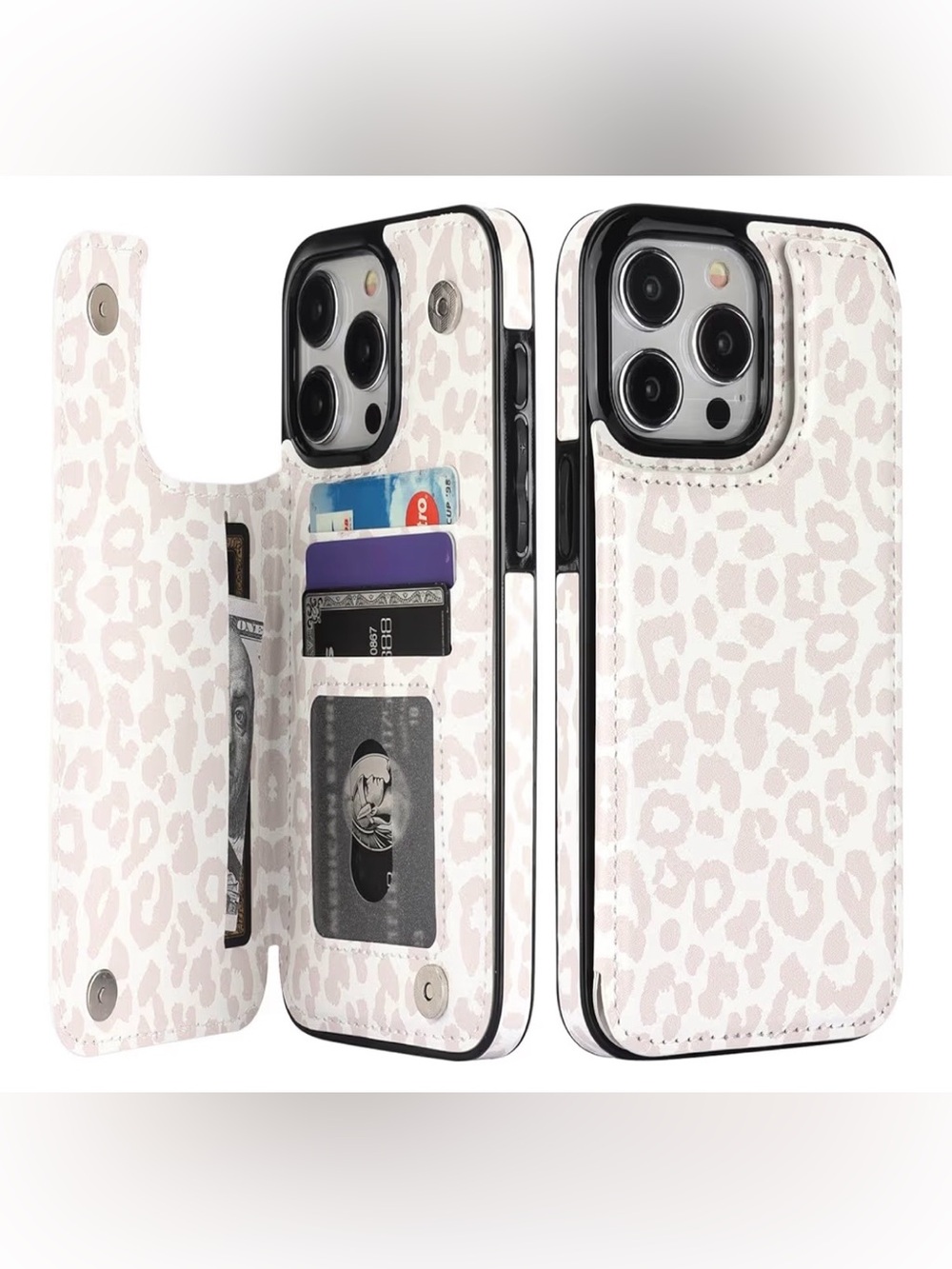 EEUC Premium White Leopard Print Wallet Phone Case with Card Slots